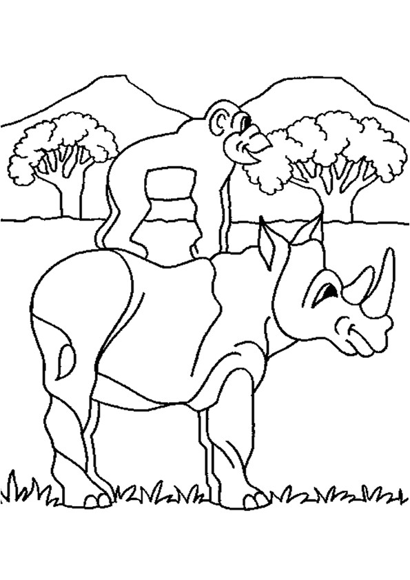 Coloriage Animaux Sauvages à Imprimer Sur Ce Dessin   Colorier Le Singe Et Le Rhinocéros sont Bons Amis