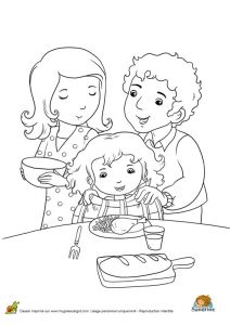 Coloriage De Nourriture A Colorier Des Parents Donnant   Manger   Leur Petite Fille
