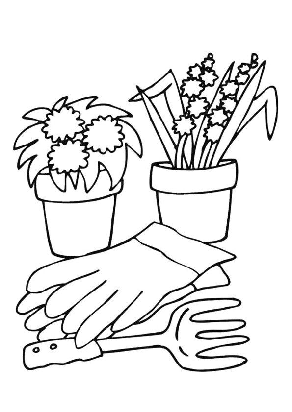 Coloriage Outils De Jardinage Des Fleurs De Muguet Et Un Rhododendron En Pot Avec Des Outils De