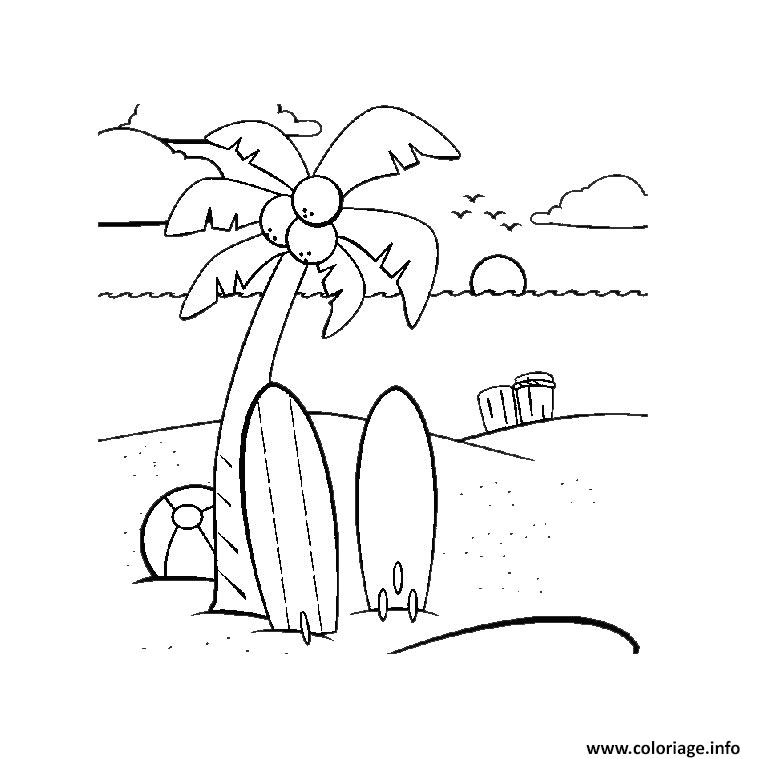 Coloriage Plage Palmier Coloriage Palmier Plage Surf Ballon Jecolorie