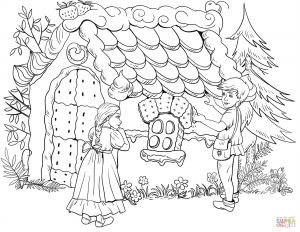 Coloriage sorcière Hansel Et Gretel Hansel Tastes A Bit Of the Roof Of the Gingerbread House Coloring