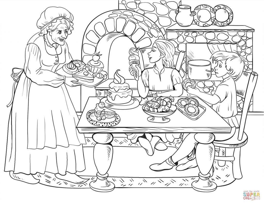 Coloriage sorcière Hansel Et Gretel the Witch Treats Children to Cakes