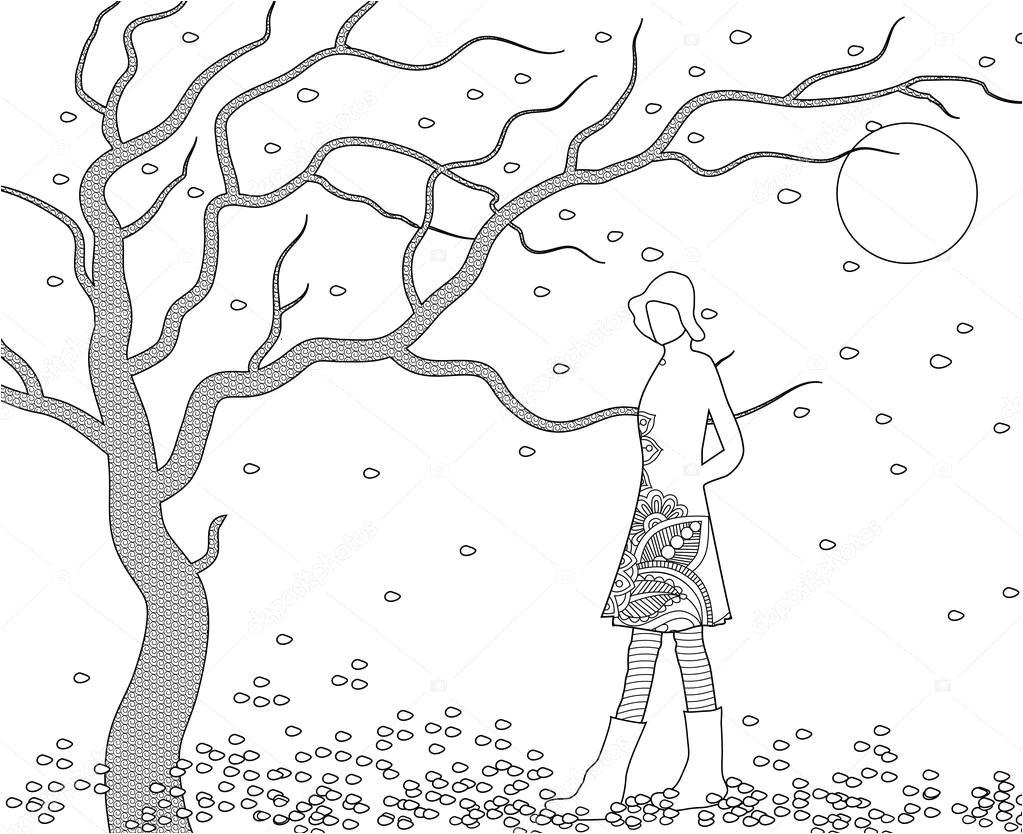 Modele Coloriage Feuille D Automne Femme Qui Marche En Automne Venteux Coloriage — Graphie Smk0473