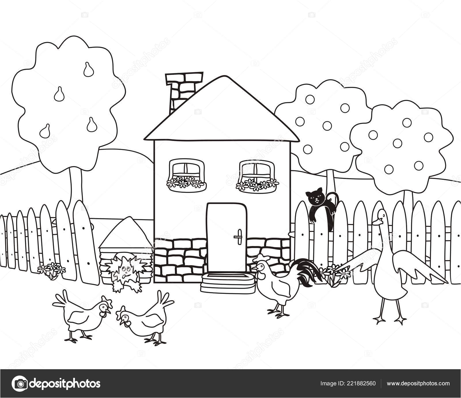 Coloriage De Maison Avec Jardin Maison Jardin Avec Animaux Ferme Coloriages Vector