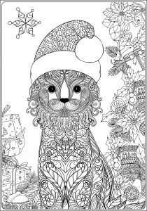 Coloriage De Noel Adulte A Imprimer Joli Chat Et son Chapeau De Père Noël Noël Coloriages