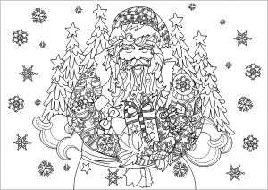 Coloriage De Noel Adulte A Imprimer Père Noël Avec Ses Cadeaux Noël Coloriages Difficiles