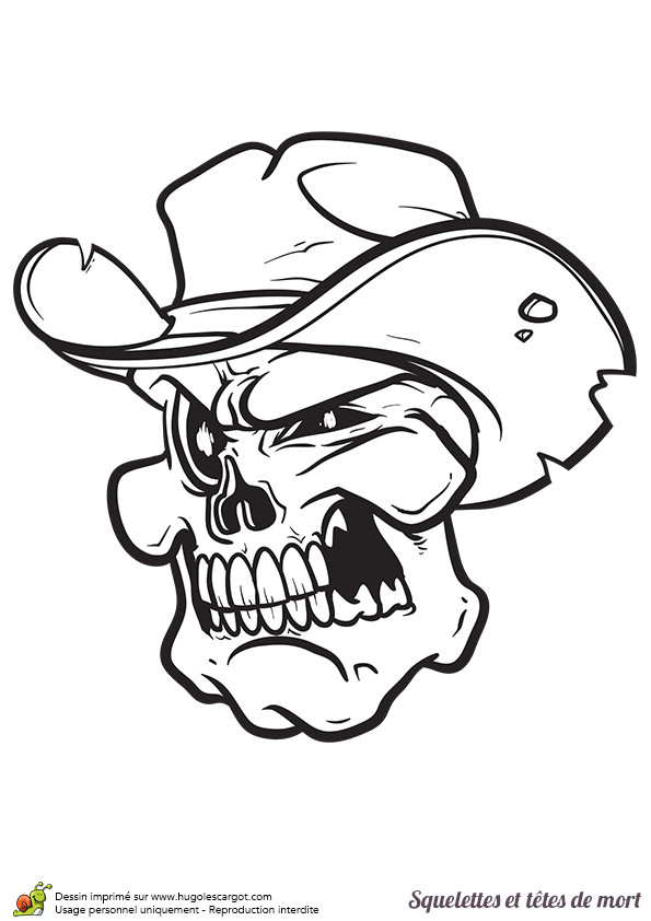 Coloriage Halloween Tete De Mort Tête De Mort Avec Un Chapeau De Cowboy à Colorier