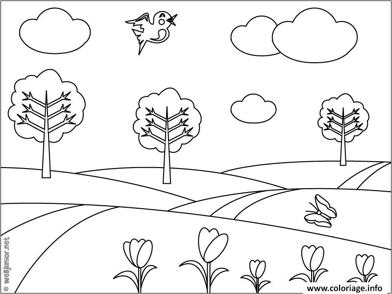 Coloriage La Nature Au Printemps Coloriage Paysage Printemps Dessin