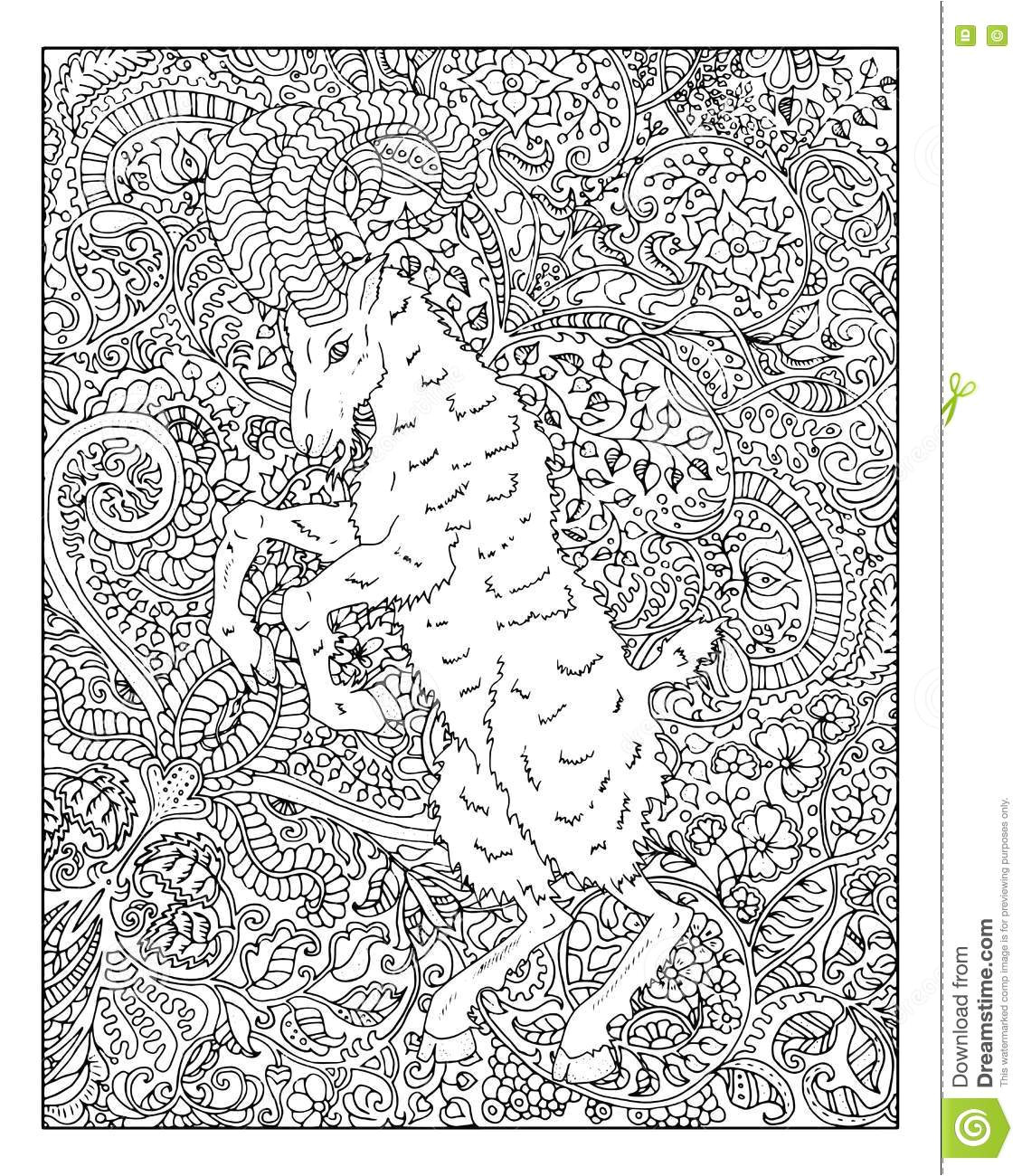 Coloriage Signe astrologique Chinois Ch¨vre Tirée Par La Main Sur Le Fond Floral De Mod¨le