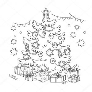 Joli Coloriage De Noel ページ概要の漫画クリスマス ツリー装飾品とギフトのぬりえ。クリスマス。新しい年。子供のための塗り絵 — ストック