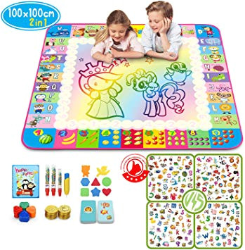 Tapis De Coloriage Aqua Magique Sunyjoy 2 En 1 Tapis Aquadoodle 100 X 100 Cm Grand Tapis De Dessin Eau Enfant Jeu De Puzzle Tapis Doodle Avec 16 Accessoires Jouets éducatifs Pour