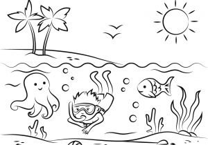 Coloriage à La Plage Coloriage Plage Tropicale Garcon Nage Poisson soleil