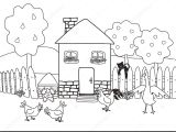Coloriage De Maison Avec Jardin Maison Jardin Avec Animaux Ferme Coloriages Vector