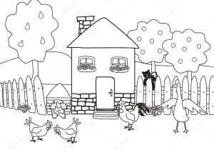 Coloriage De Maison Avec Jardin Maison Jardin Avec Animaux Ferme Coloriages Vector